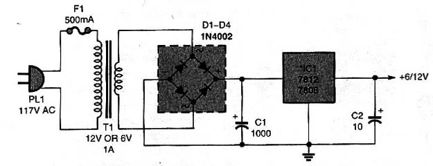This Power Supply circuit can be used to operate all of the circuits presented in this article. Note: IC1 can be a 12-(7812) or 6-(7806) volt regulator, depending on how your circuit is configured and what parts are used in the circuit.
