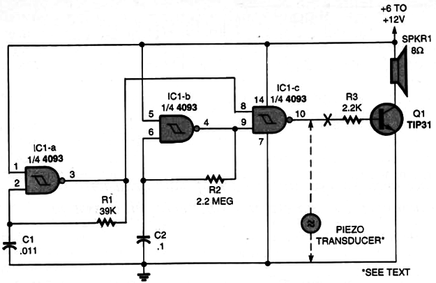 The Beep-Tone Generator is nearly a carbon copy of the flasher circuit in Fig. 5, except that the transformer and fluorescent tube are replaced by a speaker.
