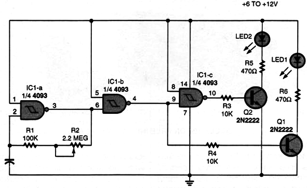 The LED Flasher is another simple circuit based, in part, on the variable-frequency oscillator outlined in Fig. 7.
