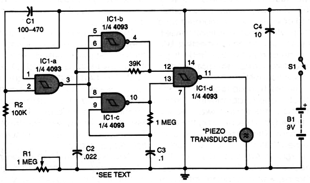 The Timer circuit, with its adjustable-trigger output, can be made to sound after 10 seconds to 15 minutes have elapsed.
