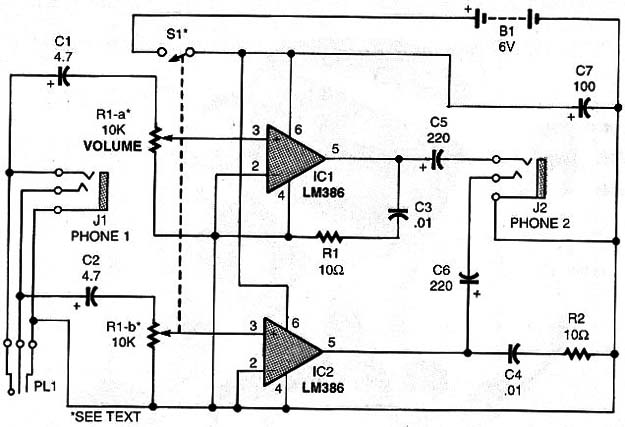 The sound partner, which is built around a pair of LM386 low-power audio amplifiers (IC1 and IC2), can be user with headphones with impedances ranging from 16 to 100 Ω.
