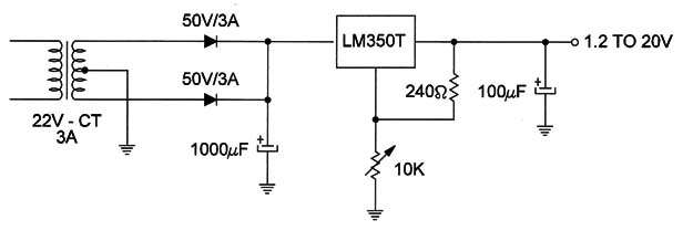 Figure 4 – Variable power supplyr using the LM350 IC.
