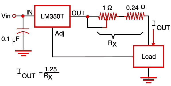 Figure 1  Constant current source using the LM350T (3 A).
