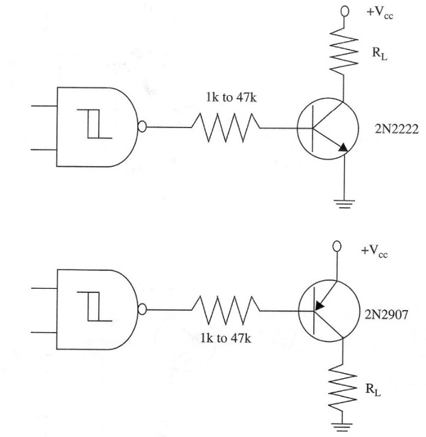 Figure 8 – NPN and PNP transistors driving loads from logic signals of a 4093
