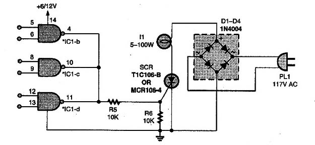 The previus circuit (see fig.5) can be altered, as shown here, allowing the reconstituted circuit to control AC-line-powered lamps up to 100 watts through SCR1.
