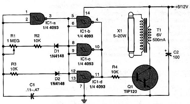 The Fluorescent UV Light-Source, although nearly identical to the circuit in Fig. 5, is designed to produce short pulses of visible liht or ultraviolet radiation.
