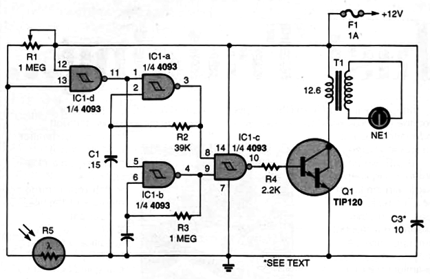 The Light-Triggered Fluorescent Flasher is a variation of the previous circuit. With only a few slight modifications, the flasher has been redesigned to automatically begin flashing when the headlights of an oncoming vehicle illuminate its sensor.
