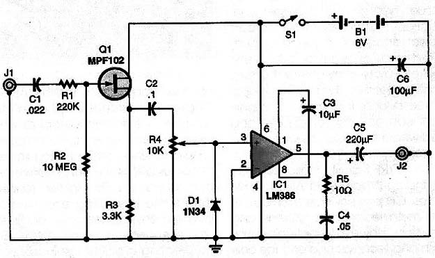 The AF/RF Signaç Chaser uses a field-effect transistor to increade the input impeance of the LM386. Because of its sensitivity, use sheilding on any cable connected to J1.
