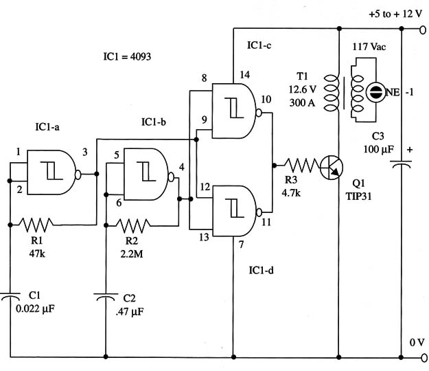 Figure 1 – Schematics for the neon-lamp flasher
Figure 1 – Schematics for the neon-lamp flasher
