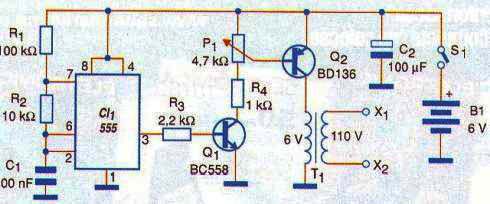 Figure 2 - Full diagram of the stimulator. C1 can be changed so that the circuit generates other frequencies.
