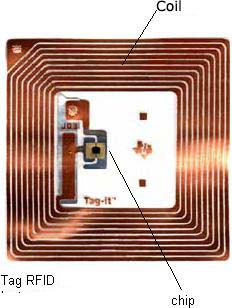 Figure 8 - Photo of a RFID tag from Texas Instruments. Note the chip size of a few millimeters.
