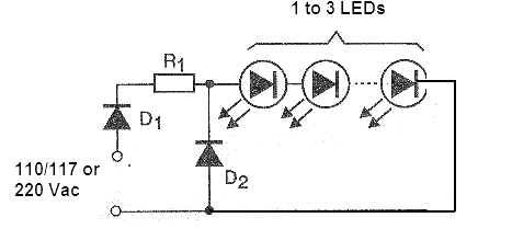 Figure 1 - Circuit to connect from 1 to 3 LEDs in the power grid of 110 V or 220 V.
