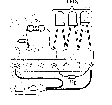 Figure 2 - Building the circuit on a small terminal bridge. The anodes should be on the left side.
