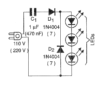 Figure 3 - Low consumption circuit where the voltage reduction is done by the capacitive reactance of a capacitor. Look for Transformerless Sources on our website for more information.
