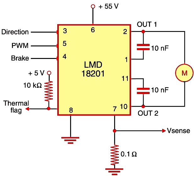 Figure 2 H-bridge with the LM18201.
Figure 2 H-bridge with the LM18201.