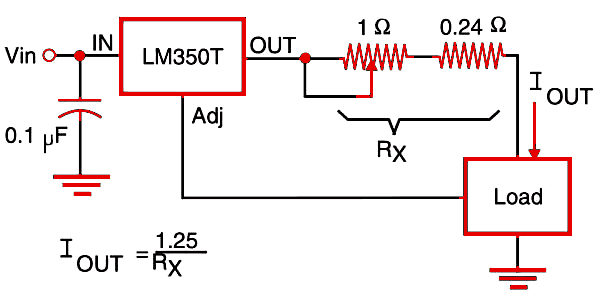 Figure 1 Constant current source using the LM350T (3 A).
Figure 1 Constant current source using the LM350T (3 A).