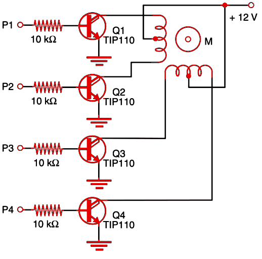 Figure 1 Driving a stepper motor with Darlington NPN transistors.
Figure 1 Driving a stepper motor with Darlington NPN transistors.