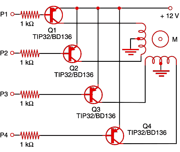 Figure 1 Stepper motor shield using PNP transistors.
Figure 1 Stepper motor shield using PNP transistors.