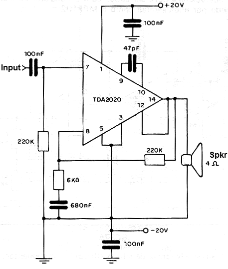 20 W Amplifier Using the TDA2020
20 W Amplifier Using the TDA2020
