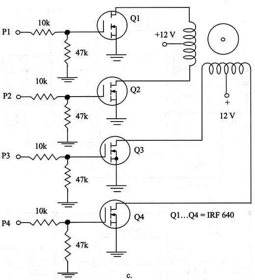 Figure 4 - Using the ULN2003, four outputs from the PC, which generates the sequence of pulses, each output controls one winding
Figure 4 - Using the ULN2003, four outputs from the PC, which generates the sequence of pulses, each output controls one winding