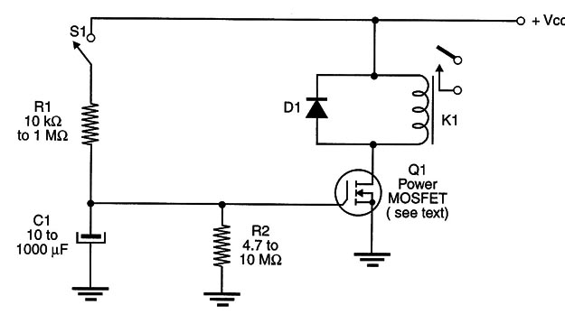 Figure 5 – Delayed relay using a power MOSFET
Figure 5 – Delayed relay using a power MOSFET