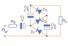 Figure 5 – Cascade voltage tripler - 3 diodes 3, 3 capacitors are used.  The same specifications as the first circuit apply.
