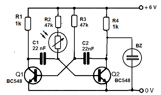 Figure 1- Diagram of the light-controlled audio multivibrator Figure 1- Diagram of the light-controlled audio multivibrator